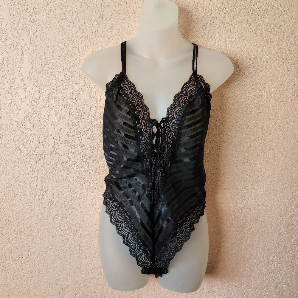 Vintage 80s Honors Intimates Sheer Black Lace Bodysuit Lingerie